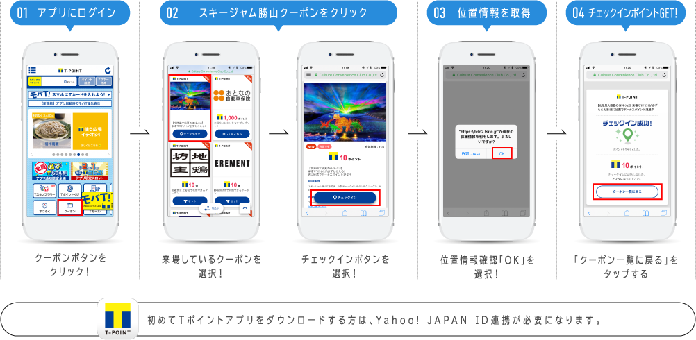 01アプリにログイン クーポンボタンをクリック！ 02スキージャム勝山クーポンをクリック 来場しているクーポンを選択！ チェックインボタンを選択！ 03位置情報を取得 位置情報確認「OK」を選択！ 04チェックインポイントGET！ 「クーポン一覧に戻る」をタップする 初めてTポイントアプリをダウンロードする方は、Yahoo! JAPAN ID連携が必要になります。