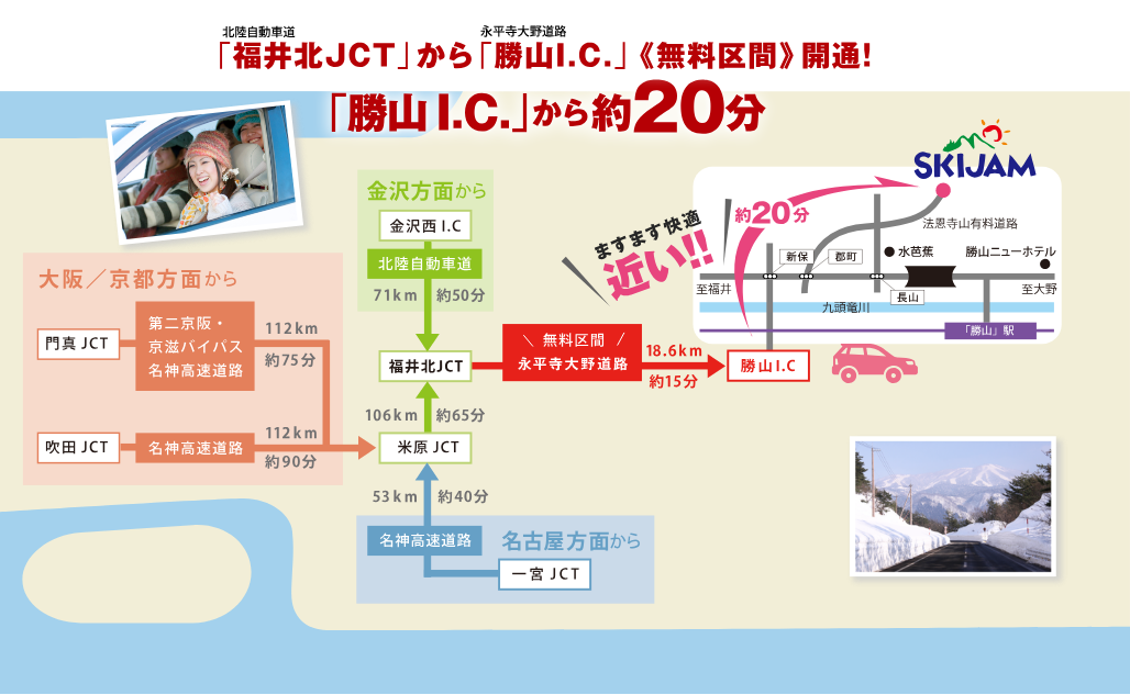 北陸自動車道「福井北JCT」から永平寺大野道路「勝山I.C.」《無料区間》 「勝山I.C.」から約20分